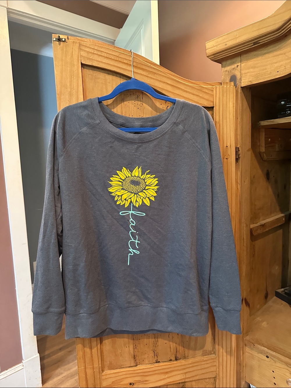 Gray Sweatshirt with Yellow Sunflower and Teal 'Faith' Script